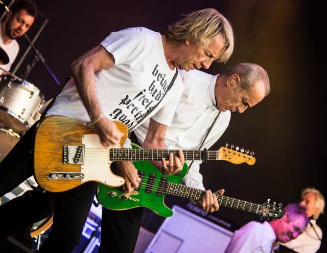 Old School: The Quo were rocking all over the stage. From the left: Leon Cave, Rick Parfitt, Francis Rossi, John 'Rhino'Edwards, Andy Bown (Photo: Symphony at the Tower/Bradley Hamer Photographic) 